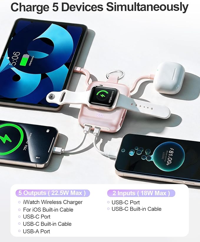 Portable Charger 3 in 1, Smaller 10000mAh Built-in Cables 22.5W Power Bank | Travel Essentials, Fast Charging Keychain Battery Pack for iPhone17/16/15/14/13, Android, iWatch Ultra/11/10/9/8, Pink - Image 8