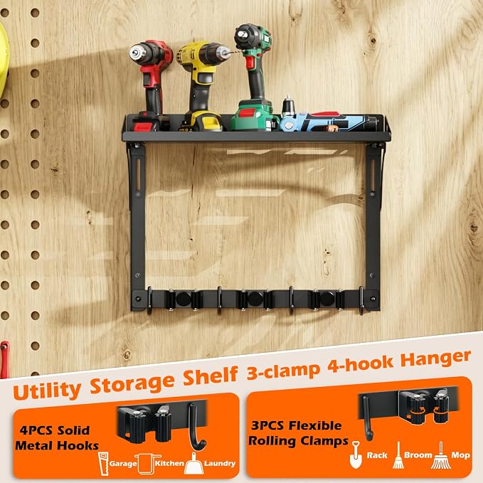 Broom Holder Wall Mount with Cleaning Supplies Organizer | Laundry Room Shelves, Mop Hanger Rack Gripper Hooks, Vacuum Organizer, Wall Hanging for Home Garage Kitchen - Image 4
