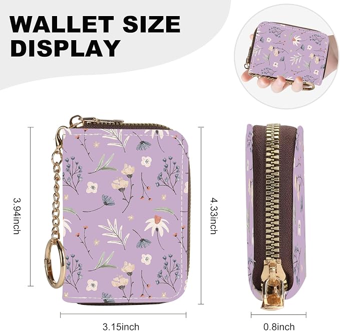Credit Card Holder for Women,Small Rfid Wallet with Keychain Zipper,Cute PU Leather Card Case Wallet，Accordion Credit Card Wallets Gift,Leaves and Floral Patterns - Image 4