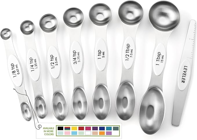 Spring Chef Stainless Steel 8 Magnetic Measuring Spoons for Kitchen, White | Dual Sided Metal Teaspoon & Tablespoon Measuring Spoons w/ Leveler for Dry & Liquid Ingredients, Nesting, Fits in Spice Jars by SpringChef