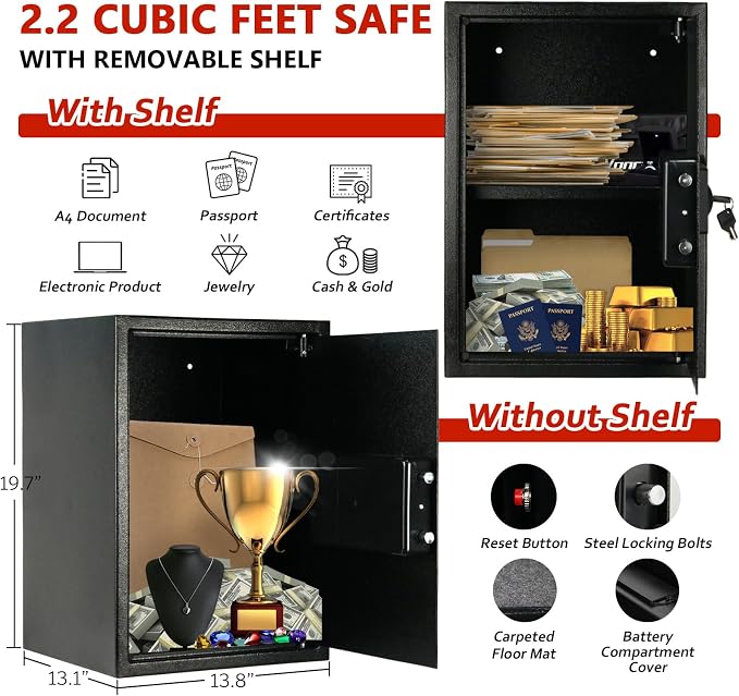 Voncabay Money Safe Box for Home with Digital Keypad, 2.2 Cu. Ft., Black | Alloy Steel, 2 Fireproof Bags, Digital Keypad with Display, Removable Shelf, Fits A4, 13.1 x 19.7 x 13.8 In. - Image 3