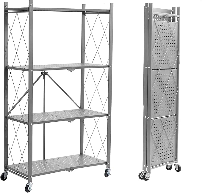 BRIAN & DANY 4-Tier Foldable Storage Shelves with Wheels, Folding Metal Rack Shelving Unit, Heavy Duty No Assembly Organizer Shelf for Garage, Kitchen, Basement, Pantry, Gray by BRIANDANY