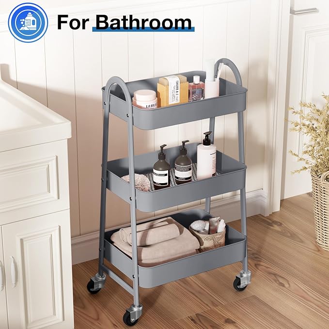 OLIXIS Metal Rolling Storage Utility Cart with Lockable Wheels 3 Tiers | Mobile Organizer Shelf, Space-Saving, Freestanding, Bathroom, Living Room, Slim, Narrow Corner Spaces, Gray - Image 5