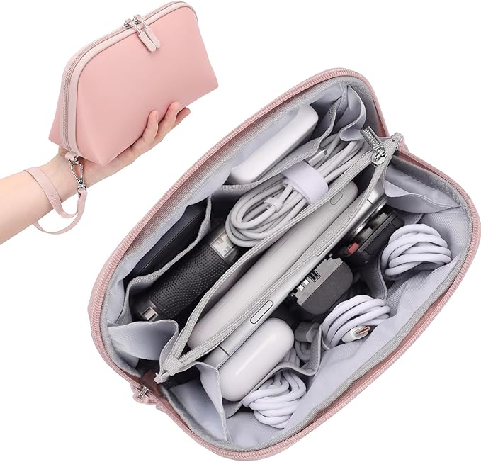 FYY Travel Cable Organizer - 8 Compartments, Lightweight, Water Repellent | With Wrist Strap, Portable Tech Pouch for Cord Charger, Travel and Business Trips Use, Soft Shell Nylon, Pink (Medium) by FYY