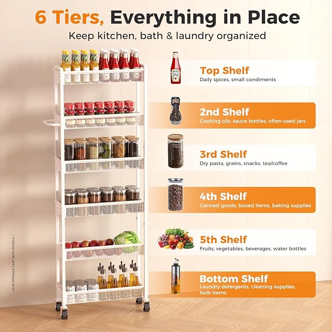 6 Tier Slim Storage Cart with Wheels, 6" D Rolling Storage Cart for Small Space, Metal Narrow Spice Cabinet Mobile Shelving Unit Organizer with Handle for Kitchen, Laundry - White - Image 4