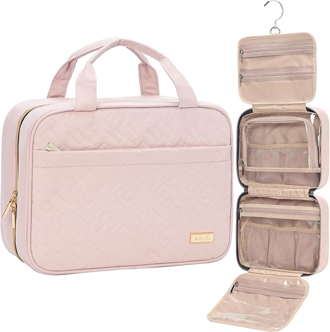 NISHEL Travel Toiletry Bag for women, Portable Hanging makeup Organizer | for Travel-Sized Shampoo, Conditioner, Brushes Set, makeup Accessories, Medium Size, Pink by NISHEL