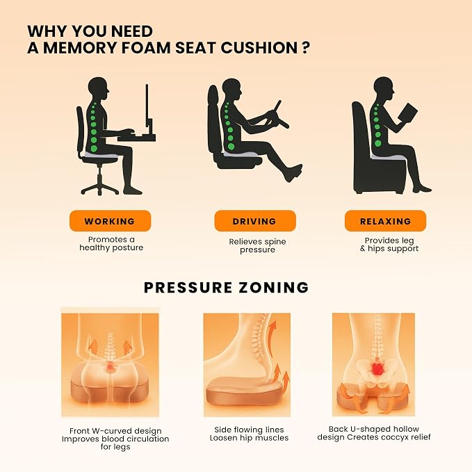 GRAND PITSTOP Gel Memory Foam Seat Cushion – Orthopedic Ergonomic Cushion for Office Chair, Car, Home & Travel – Tailbone, Sciatica & Back Pain Relief Pillow for Long Sitting Comfort - Image 5