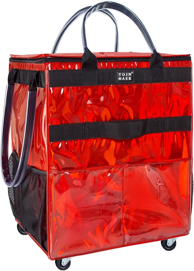 Reusable Grocery Bag with Wheels, Large Glitter Red Rolling Tote | 8 Pockets, Zipper Cover, Foldable for Women, Kitchen, Travel, Carries Up to 76LBS by TOJNMAKE