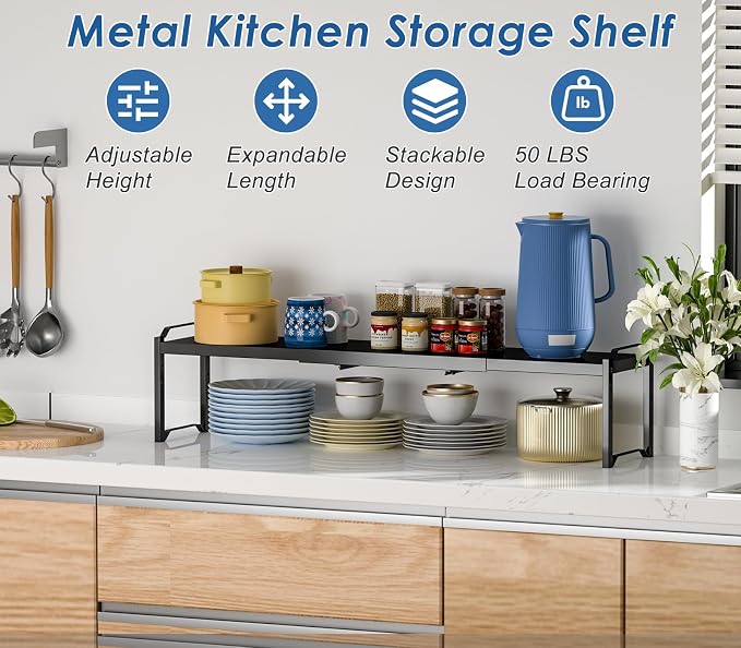 Metal Storage Shelves For Kitchen Pantry, Cabinet Shelf Organizer, Adjustable Height, Expandable Length, Stackable Design,50 LBS Load Capacity, For Dishes Spices Cans Plates Cans Bottles Cups Mugs - Image 3
