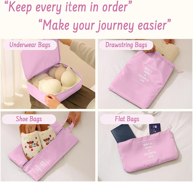 9 Set Packing Cubes for Travel Essentials - Lightweight Carry-On Luggage Organizer Bags with Shoe, Clothes & Laundry Bags for Airplane, Family & Business Travel, Pink - Image 2