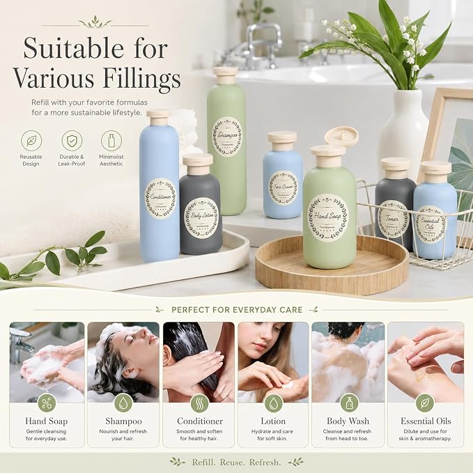 METAPACK 4Pack 6.8oz Travel Shampoo Bottles with Labels, Refillable Travel Bottles, Flip Top Squeeze Bottles, Portable Plastic Toiletry Containers for Lotion, Conditioner & Body Wash(grey, blue) - Image 5