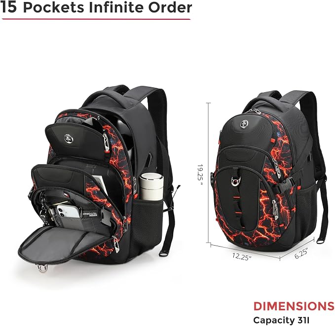 Swissdigital Laptop Backpack with USB Charging Port, Travel Backpack Fits 15.6 inches Computer, 31L Backpack for Men, Flame Red | SD803-97 - Image 6