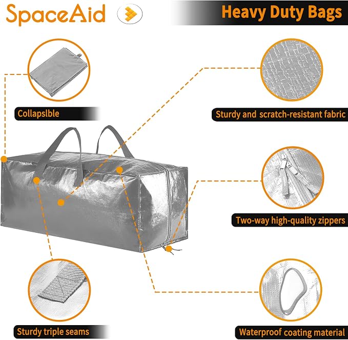 SpaceAid Heavy Duty Moving Bags, Extra Large Storage Totes W/Backpack Straps Strong Handles & Zippers, Alternative to Moving Boxes, Packing & Moving Supplies, Gley (8 Pack) - Image 4