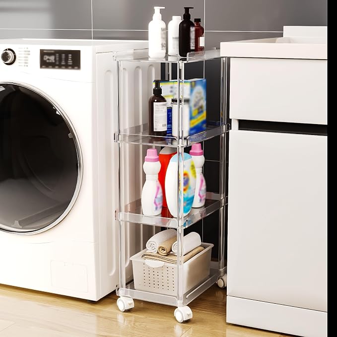 AQUIVER Acrylic Slim Storage Cart - 4 Tiers Narrow Rolling Cart - Utility Cart for Kitchen, Bathroom, Living Room, Laundry - 15.6 '' L x 10.2 '' W x 33.9 '' H - Image 6