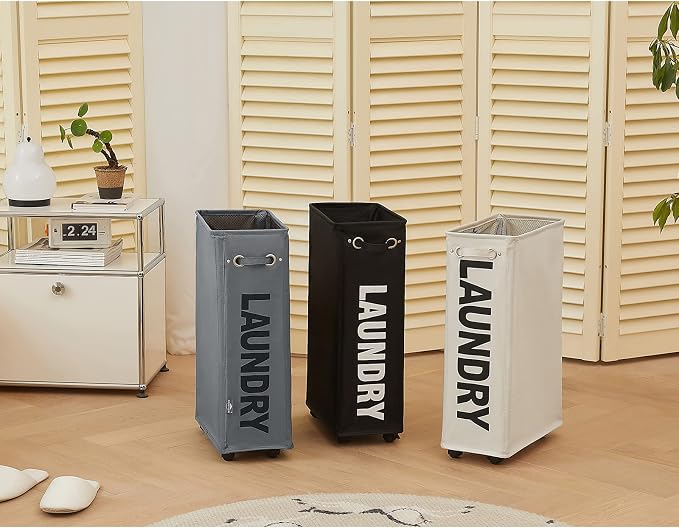 DOKEHOM 25" Slim Rolling Laundry Basket Hamper, Narrow on Wheels, Grey | Collapsible narrow laundry hamper with mesh drawstring closure. Foldable corner clothes storage bin for small spaces - Image 6