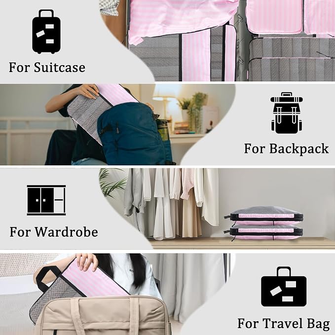 U+U 10 Set Compression Packing Cubes, Travel Organizers (Pink Stripe) | Space-Saving & Complete Travel Set - Image 9