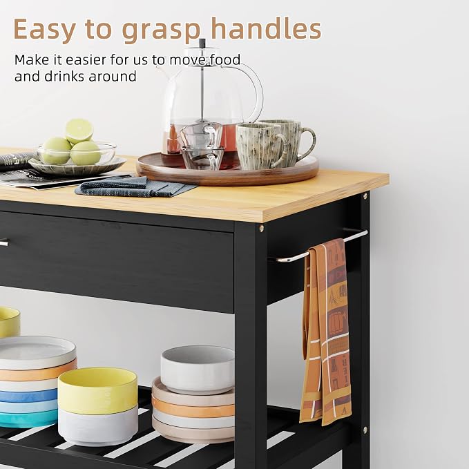Shintenchi Kitchen Island Cart with Storage,Rolling Kitchen Island Side Table on Wheels with Large Worktop,Storage Cabinet,Towel Rack,Drawers and Open Shelves for Kitchen,Dinning Room,Black - Image 5