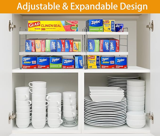 2 Pack Pantry Organization and Storage, Expandable Foil and Plastic Wrap Organizer, Adjustable Kitchen Wrap Organizer Rack for Cabinet, Foil Saran Wrap Holder Shelf for Sandwich Plastic Bags Box, - Image 2