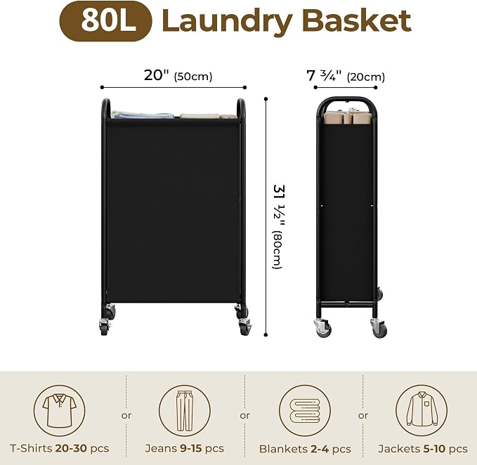GRANNY SAYS Laundry Hamper, Slim Basket with Wheels and Handles, Black, 80L | Heavy Duty Metal Frame, Silent Rolling Cart for Clothes in Bedroom, Bathroom, Dorm - Image 2