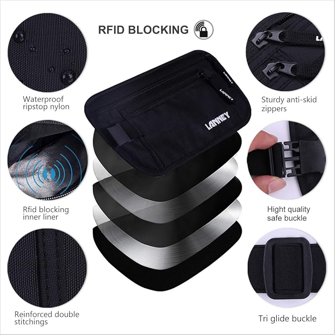 Money Belt for Travel, Slim RFID Blocking Women and Men hidden Travel Pouch Under Clothes, Passport Holder Protect Cash, Documents, Credit Card, Black, Bonus 2 RFID Sleeves - Image 2