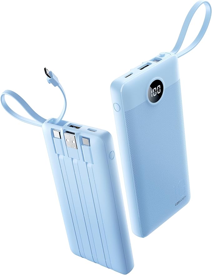 10000mAh Portable Charger, Slim Power Bank with Built-in Cables, Battery Pack 5 Outputs 2 Inputs LED Display Compatible with iPhone/Android & More (Blue) by KeepYourLifeCharged%EF%BC%81