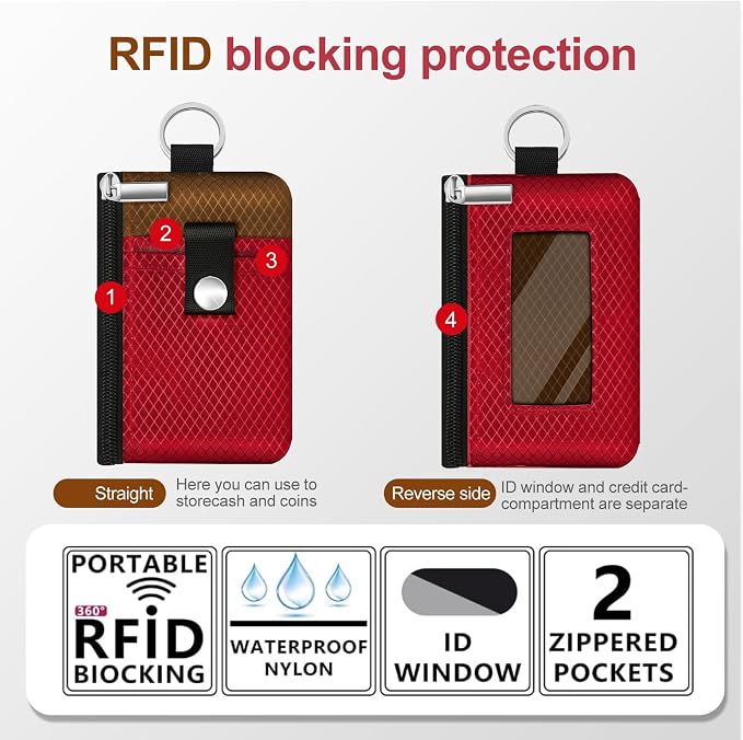 Minimalist RFID Blocking Small Wallet with ID Window,WaterResistant Zip Id Case Wallet with Lanyard Keychain for Cards,Cash,Travel,Women,Men (Red/Brown) - Image 2