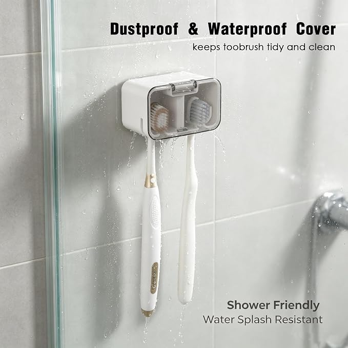 Toothbrush Holder Wall Mounted with Pop-Up Waterproof Cover, 2 Slots & Ventilated, No-Drill Adhesive Bathroom Organizer, Detachable Easy Clean, Fits Most Manual & Electric Toothbrushes (1pc Grey) - Image 4