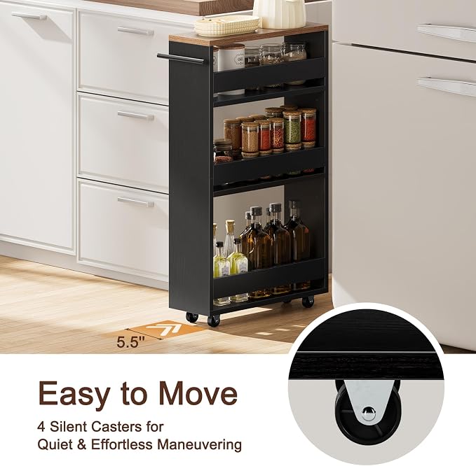 Yoobure 4-Tier Slim Storage Cart - Narrow Rolling Cart on Wheels, Slide Out Utility Carts with Adjustable Shelves, Organizer Trolley with Handle & Flip Top for Kitchen, Bathroom, Laundry - Image 4