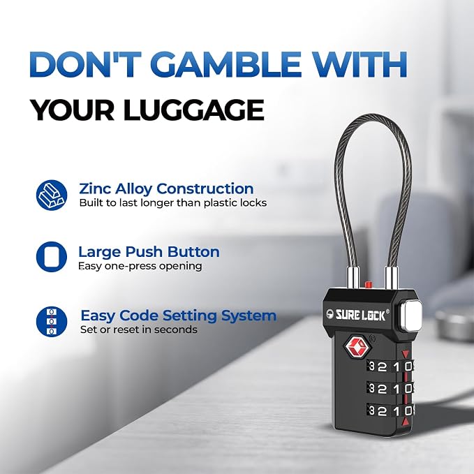 SURE LOCK TSA Approved Luggage Locks with Open Alert Indicator, 3 Digit Combination Cable Travel Lock for Suitcase, Backpack, Gym Locker, Toolbox, Carry On & Travel Bag - Image 5