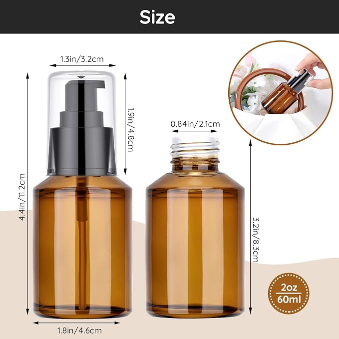 Segbeauty 2oz Refillable Glass Travel Bottles for Toiletries, 3pcs Amber Lotion Pump Bottles Empty, 60ml Mini Travel Lotion Container, Small Liquids Container Bottle Pump Dispener for Creams Oils - Image 3