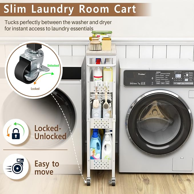 Utility Slim Rolling Storage Cart, 4-Tier Narrow Metal Organizer with Wood Top, 7.1" Width Utility Cart for Kitchen, Bathroom, Laundry Room, Small Spaces, White - Image 3