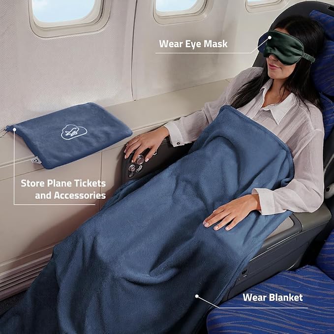 Travel Blanket, Airplane Blanket, Ultra-Soft, Warm & Lightweight, 65x40 in, Outdoor Blanket Essentials for Women, Men & Kids, Included Eye Mask, Luggage Sleeve & Backpack Clip Dusty Blue - Image 2