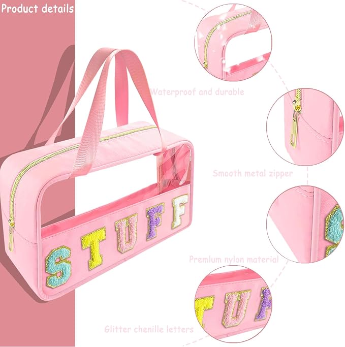 Chenille Letter Clear Makeup Bag Stuff Patch, Travel Toiletry Makeup Bag with Handle, Nylon Waterproof Makeup Bags clear cosmetic bag, preppy patch makeup bag for Women (STUFF-Pink) - Image 3