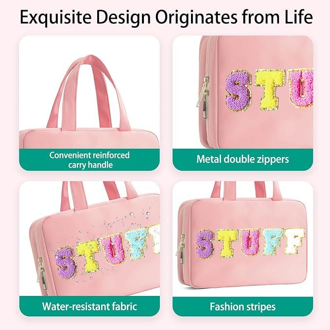 Toiletry Bag for Women Chenille Letter Makeup Bag Water-resistant Cosmetic Bag Travel Bag with Hanging Hook Preppy for Store Toiletries Cosmetic Accessories Medium Light Pink - Image 2