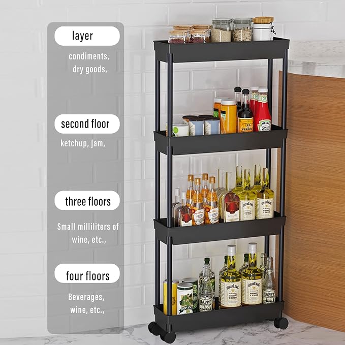 4 Tier Kitchen Bathroom Storage Rolling Cart 39 Inches Tall Slim Utility Rolling Shelf Cart with Wheels Coner Storage Shelves Cart, Black - Image 4