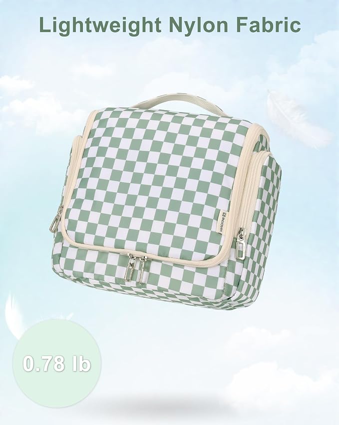 Relavel Travel Toiletry Bag for Women Makeup Bag Cosmetic Organizer Toiletries Bag with Hanging Hook for Travel Size Essentials Accessories Shower Caddy Bag for Bathroom Beach Gym, Green Checkerboard - Image 7