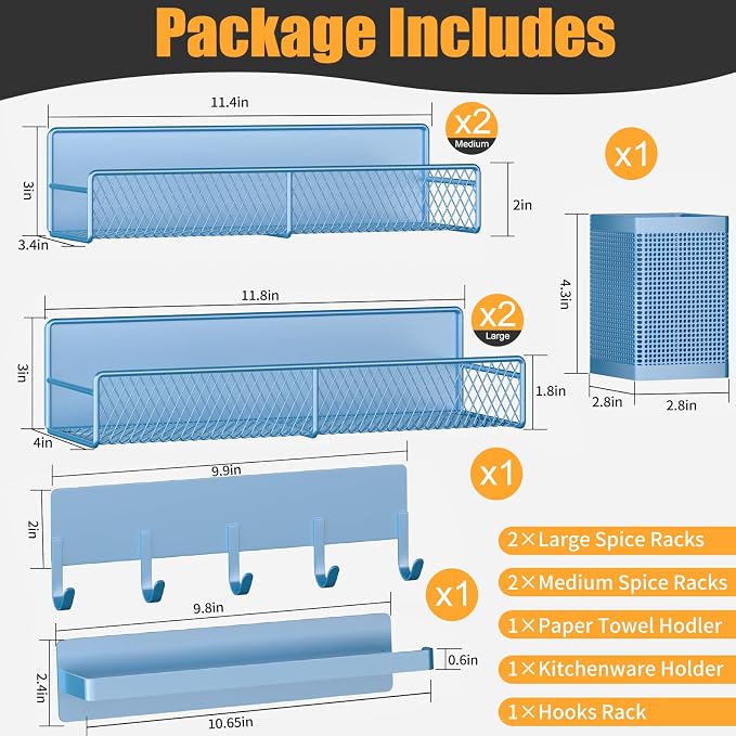 Magnetic Spice Rack for Refrigerator, 7 Pack Metal Magnetic Shelf Blue, Moveable Spice Organizer with Hook Rack, Paper Towel Holder, Kitchenware Holder, Strong Magnetic Storage Fridge Organizer - Image 2