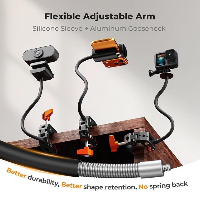 K&F CONCEPT Flexible Clamp Mount Kit, Action Camera Gooseneck Mount | 1/4" & 3/8" Screws for Flat & Round Surfaces, Compatible with Smartphone, Action Camera, Light and Webcam, MS50 - Image 2