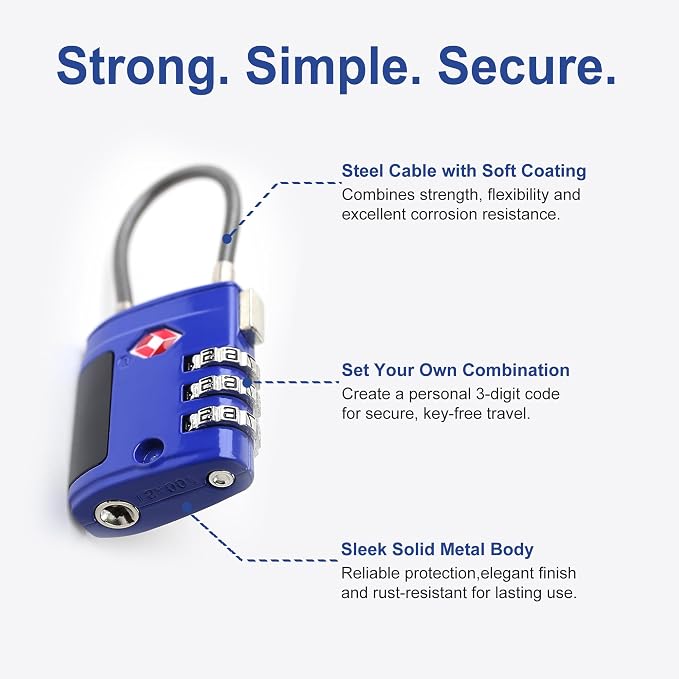 Combination TSA Locks for Luggage, Locker, Luggage Locks TSA Approved, Small Combo Cable Padlock with Code for Gym Locker, Suitcase, Gun Case, Backpack Bag Zipper, Storage Box, Travel Case - Image 4