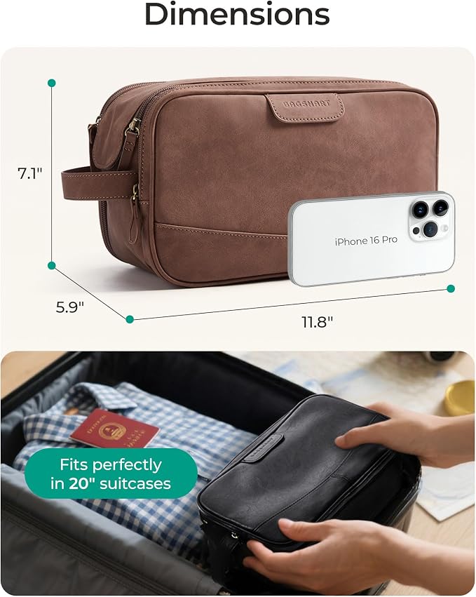 BAGSMART Large Toiletry Bag for Men, PU Leather Water Resistant, Dark Brown | Soft Matte, Travel Bag for Toiletries, Dopp Kit, Shaving Bag for Bathroom Shower - Image 5