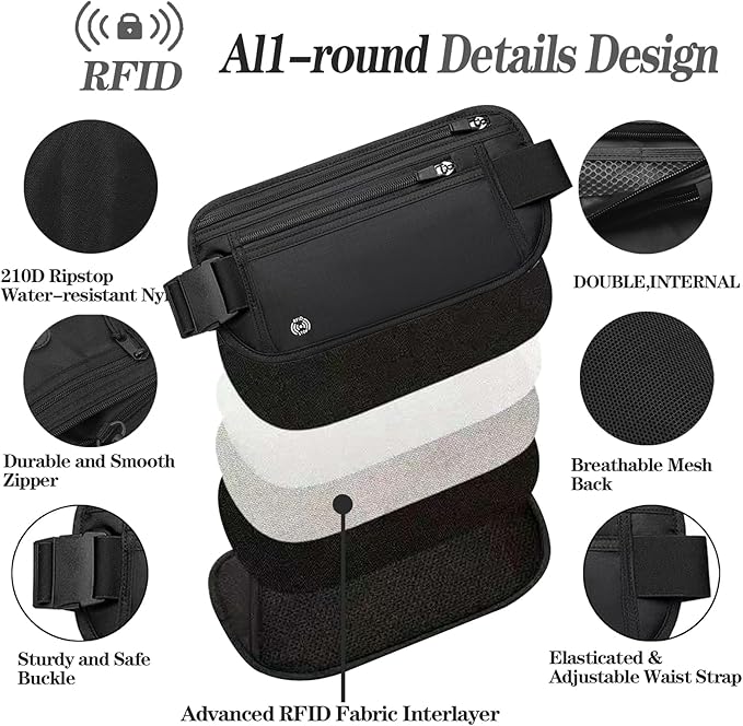 Black Hidden Money Belt for Travel for Men, Waist Wallet Anti Theft, RFID Passport Holder For Travel Men Or Women, Money Pouch, RFID Passport Holder(Black1) - Image 4