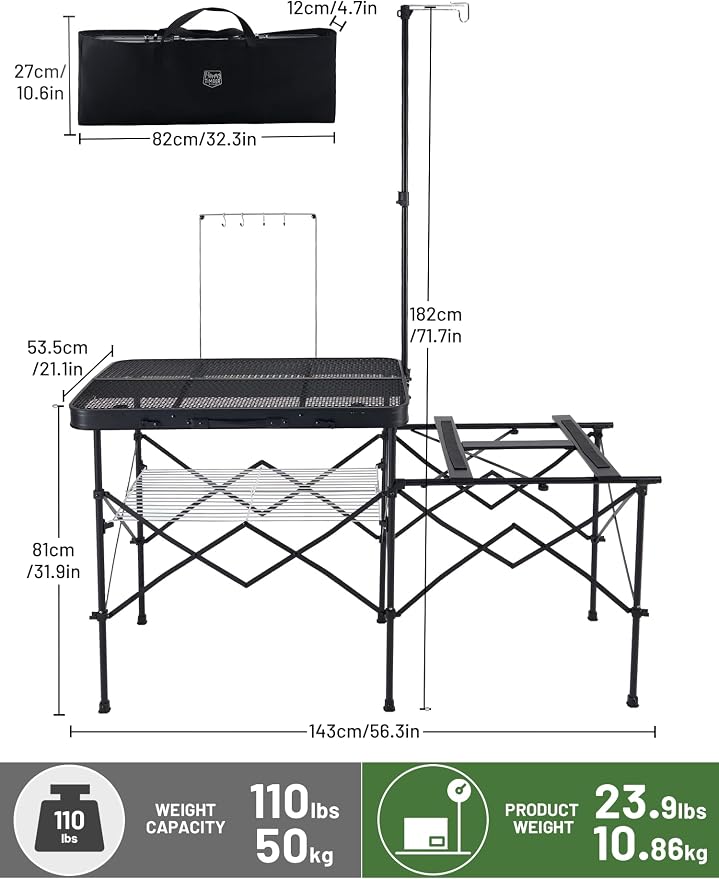 TIMBER RIDGE 56" Portable Camp Kitchen Station Folding Outdoor Grill Table | 110lbs Capacity Heat-Resistant Steel Mesh Top & Storage Shelves, Heavy Duty Picnic RV Tailgating BBQ Easy Setup - Image 2