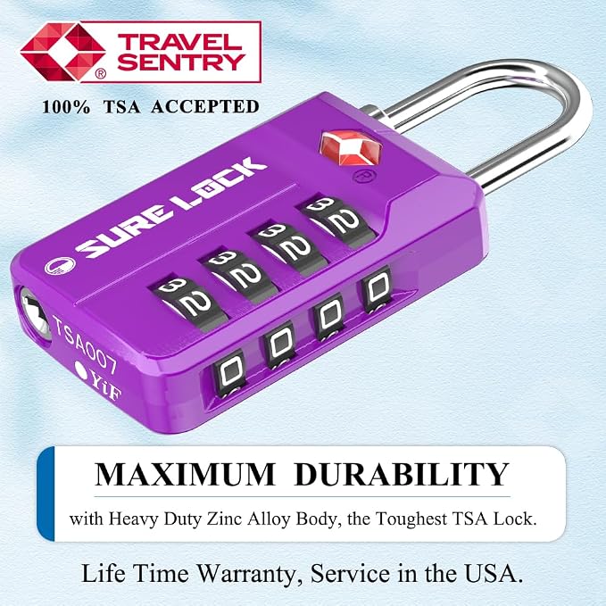 SURE LOCK TSA-Approved 4-Digit Resettable Combination Lock with Open Alert, Easy-Read Dials - for Luggage, School Lockers, Gym, Office, Toolbox & Security Cases (Dark Purple 2 Locks) - Image 2