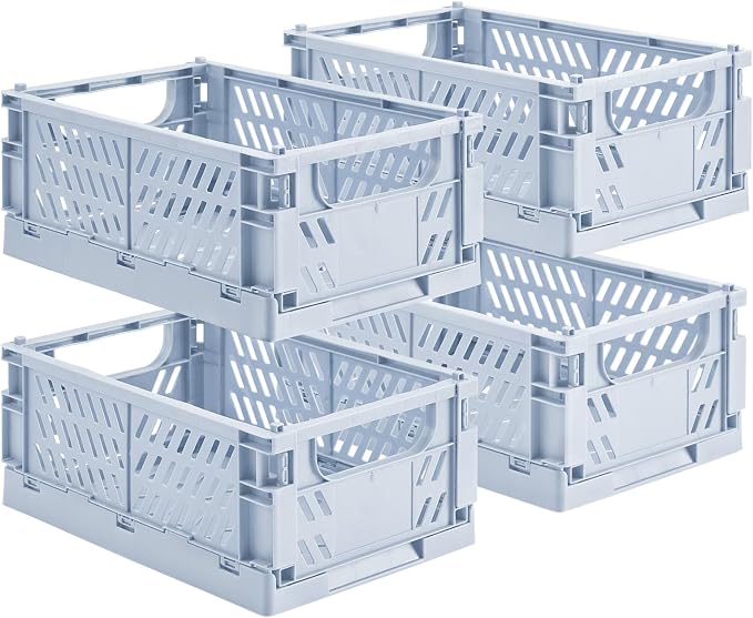 HUUSMOT 4-Pack Collapsible Plastic Storage Baskets, Blue, 9.8"x6.5"x3.8" | Pastel, Space-Saving, Collapsible Plastic Bins, Cute Mini Storage Crates, for Classroom, Kitchen, Office, Bedroom by HUUSMOT
