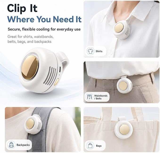 Clip on Fan, Portable Wearable Personal Mini Fan for Shirt & Waist, 3-Speed Quiet Bladeless Rechargeable Fan, USB-C, 360° Adjustable Hands-Free Cooling for Travel Outdoor Office (White) - Image 3