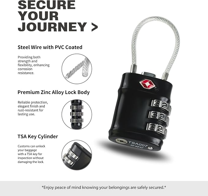 TSA Locks for Luggage, 3 Digit Combination Padlock, Luggage Locks TSA Approved 2 Pack, Combo Cable Padlocks with Code, for Gym Locker, Suitcase, Gun Case, Backpack Zipper (Black+Black) - Image 4