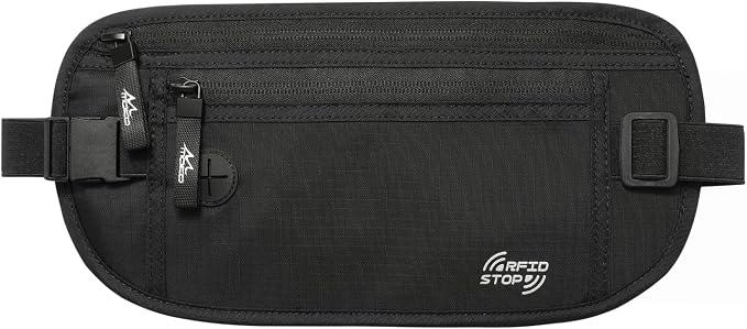 MoKo Travel Money Belt with RFID Blocking, Hidden Passport Wallet, Black | Ultra-thin money belt has moisture-wicking backing and an adjustable strap for 24-38 in waists; fits under clothing. by MoKo