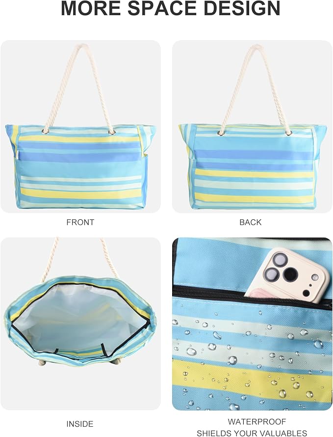 Genteen Beach Bag for Women, Large Waterproof Sandproof Beach Tote with Zipper Pocket, Solid for Travel Pool - Image 4