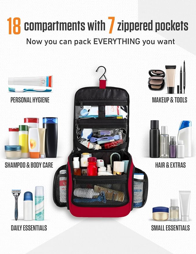 VENTURE 4TH Hanging Travel Toiletry Bag, 18 Compartments - Red | Hangs on rails, hooks or doors; stands upright. Removable TSA pouch. Water-resistant Nylon 290D Twill, reinforced stitching. - Image 3