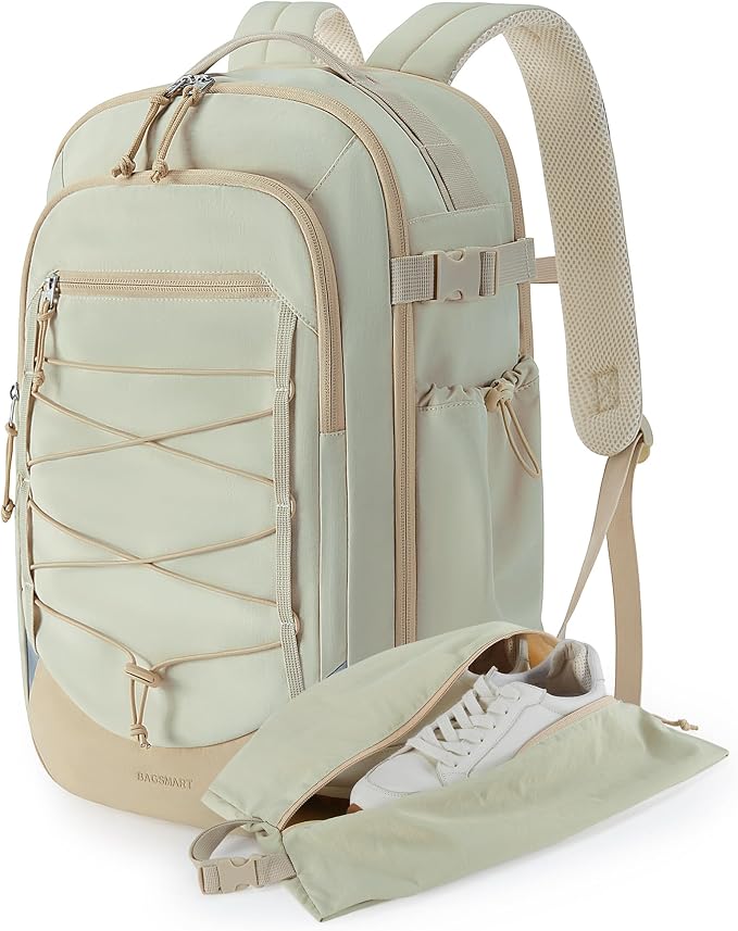 BAGSMART Carry On Travel Backpack, 17 Inch Large Travel backpack Carry On Flight Approved, Anti-theft Personal Item Backpack Travel Bag With Shoe Bag, 30L Water Resistant Casual Daypack, Beige by BAGSMART